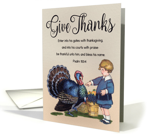 Vintage Thanksgiving with Boy and Turkey and Bible Verse card