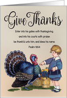 Vintage Thanksgiving with Boy and Turkey and Bible Verse card