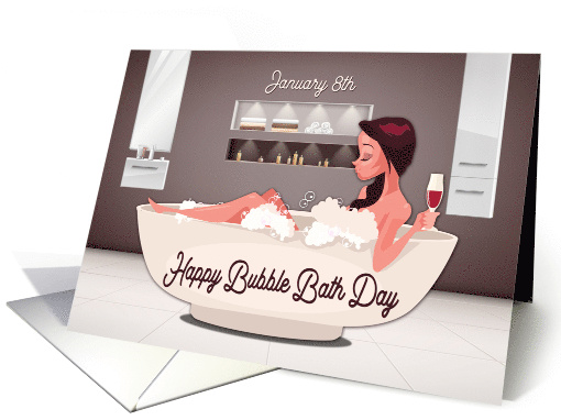Happy Bubble Bath Day with Lady in Bathtub in Bathroom card (1701712)