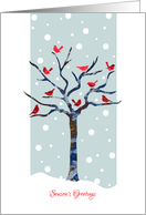 Season’s Greetings with Stylized Robins on Tree, Christmas Card, Snow card