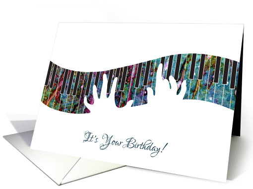 Happy Birthday with Hands Playing on Stylized Colorful Piano card