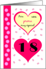 18th birthday cousin(f) pink hearts - Spanish language card