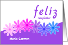 Custom name birthday flowers purple and white - Spanish language card