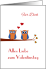 Valentine two cute blue owls - German language card