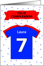 7th birthday red blue t-shirt custom name - Spanish language card