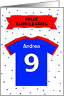 9th birthday red blue t-shirt custom name - Spanish language card