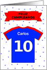 10th birthday red blue t-shirt custom name - Spanish language card