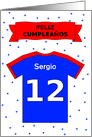 12th birthday red blue t-shirt custom name - Spanish language card