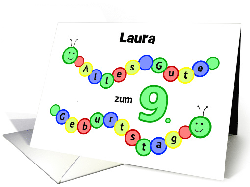 9th birthday caterpillar custom name - German language card (1320906)