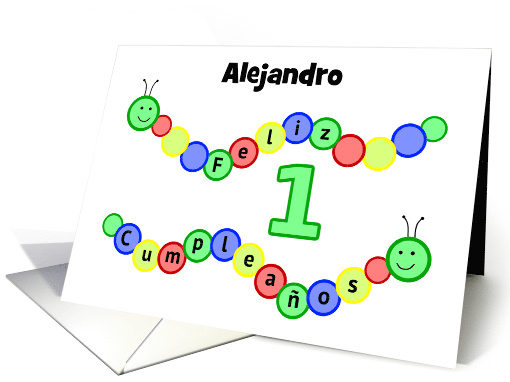 1st birthday caterpillars custom name - Spanish language card