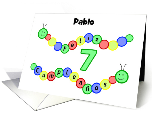 7th birthday caterpillar custom name - Spanish language card (1342866)