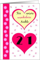 21st birthday our niece pink hearts - German language card