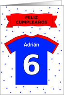 6th birthday red blue t-shirt custom name - Spanish language card