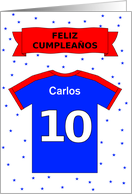 10th birthday red blue t-shirt custom name - Spanish language card