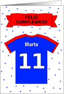 11th birthday red blue t-shirt custom name - Spanish language card