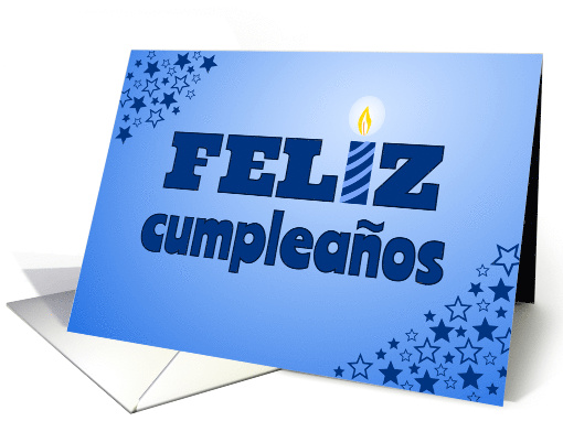 Feliz cumpleanos blue lettering with candle - spanish language card