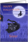 Happy Halloween Sister with moon, witch and black cat card