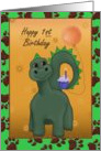 Happy First Birthday with dinosaur, cupcake, balloon and paw prints card