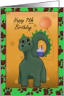 Happy Seventh Birthday with dinosaur, cupcake, balloon and paw prints card