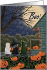 Boo! Halloween Card with three Trick or Treaters, pumpkins card