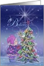 Merry Christmas with little girl and Christmas tree,stars, snow, dove card