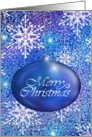 Merry Christmas with white snow ornaments and blue bulb card