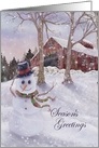 Season’s Greetings with barn, winter scene, snowman card