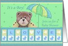 It’s a boy! Join us for a baby shower with baby bear and umbrella card