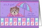 It’s a girl! Join us for a baby shower with baby bear and umbrella card