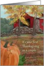 First Thanksgiving as an engaged couple with barn,pumpkins, foliage card