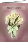 Happy Easter with Calla Lilies, Bow, Cross on Mauve Background card