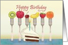 Happy birthday dietitian balanced with cake, fruit on forks card