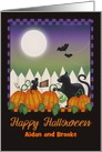 Personalized Halloween with Black Cat, Mouse, Pumpkin Patch, Moon card