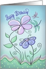 Happy Birthday with Flowers and Dragonflys Pen and Ink card