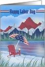 Happy Labor Day Patriotic Colors Mountains, Umbrella, Beach, Chair card