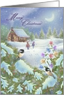 Merry Christmas Log Cabin in Woods, Night Scene Snow, Birds, Tree card