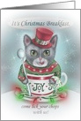 Christmas Breakfast Invitation with Cat in Teacup dressed in Sweater card