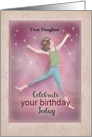 Celebrate your birthday Today with young woman jumping for joy card