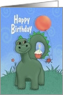 Dinosaur and Ladybug Holding Orange Balloon and Cupcake card