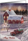 Merry Christmas with Red Truck, Red Farm House, Barn, Snowman card