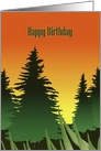 Happy Birthday with Sunset Behind Evergreen Trees card