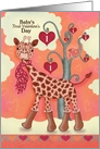 Baby’s First Valentine’s Day with Giraffe, Coral, Pink Background card