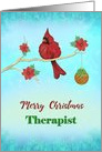 Merry Christmas Therapist with Red Cardinal, Gold Branch, Bulb card