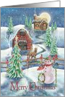 Merry Christmas with Cottage, Barn, Horse, Snowman Winter Scene card