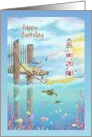 Happy Birthday with Child Fishing From Pier, Lighthouse, Sea Life card
