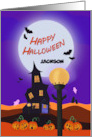 Custom Name Happy Halloween with Haunted House Lamp Post Bats Pumpkins card