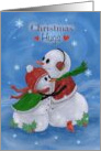 Christmas Hugs with Two Snowpeople Hugging Cardinal Holly card
