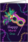 Happy Mardi Gras with Mask Feathers Beads card