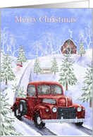 Merry Christmas Snow Scene With Red Truck at Tree Farm card