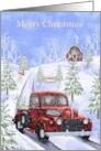 Merry Christmas Snow Scene With Red Truck at Tree Farm card